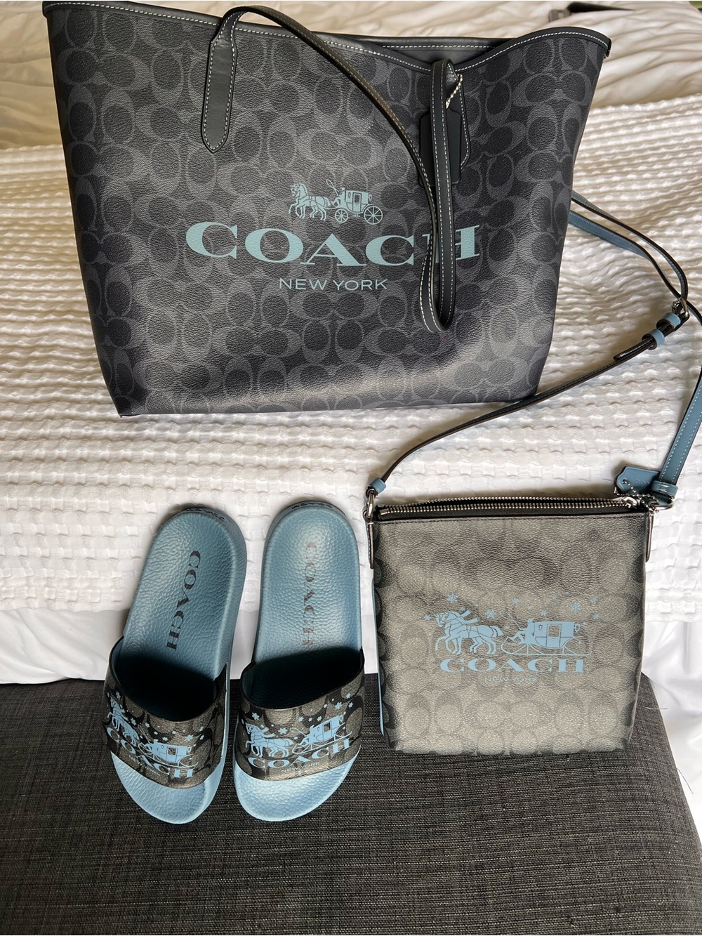 Coach Signature Tote, Crossbody and Slides in Black and Light Blue